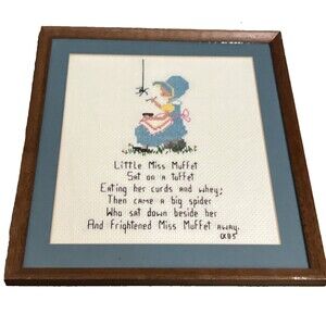 Vtg Framed Matted Cross Stitched Nursery Poem Handmade Signed Pink Blue